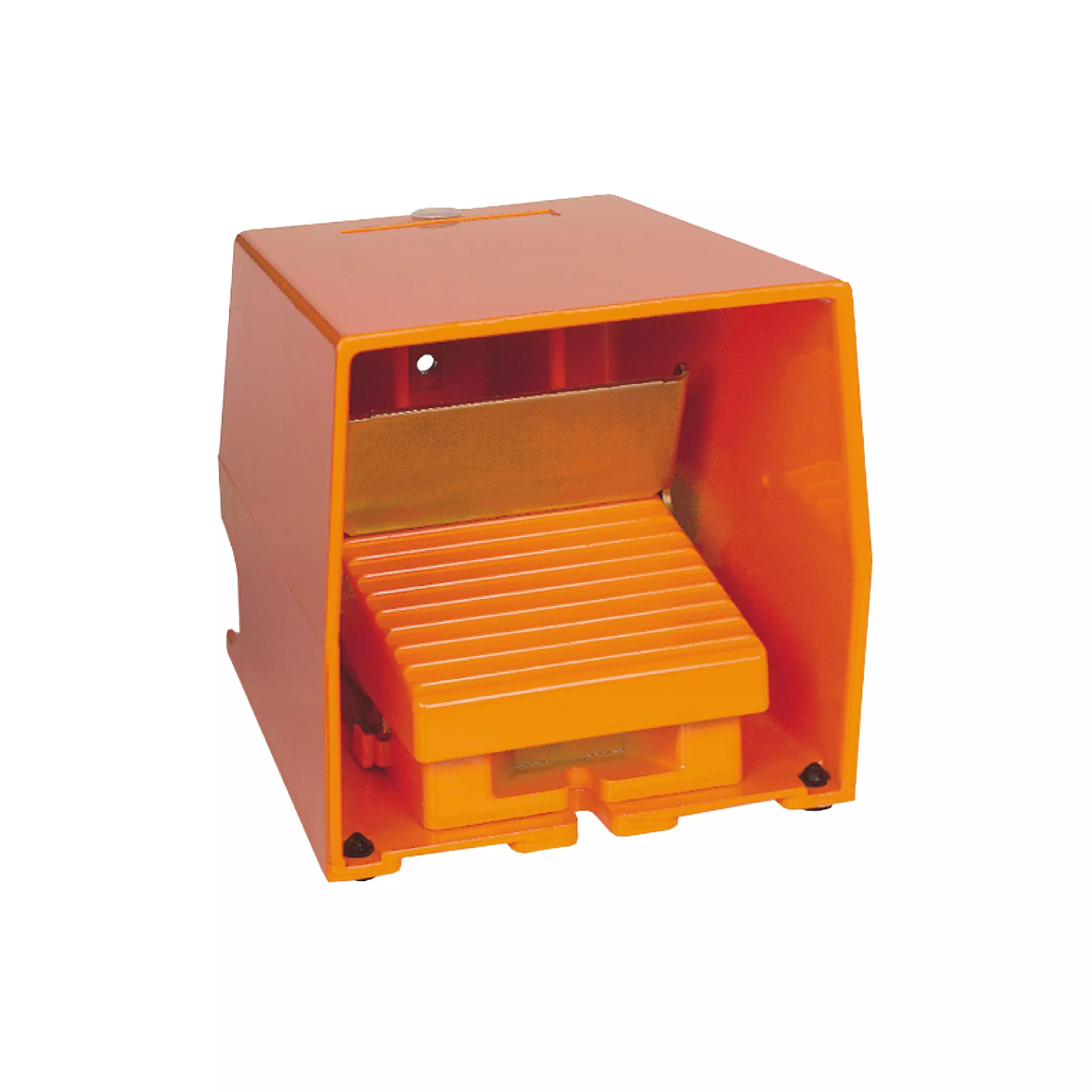 Single foot switch, Harmony XPE, metal, orange, with cover, trigger mechanism, 2 steps, 2 contacts 1NC+NO, IP66