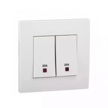 Vivace 20A 250V 2 Gang Double Pole Switch with Neon and Earth , White