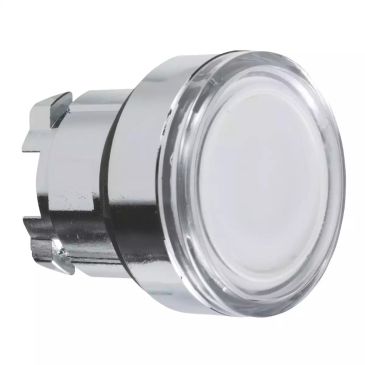 Illuminated push button head, Harmony XB4, metal, flush, white, 22mm, spring return, plain lens for BA9s bulb