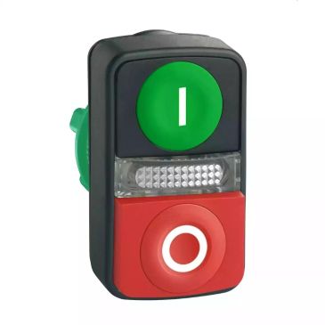 Harmony XB5, Illuminated double-headed push button head, plastic, Ø22, 1 green flush I + 1 pilot light + 1 red projecting O