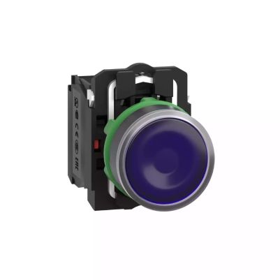 Illuminated push button, Harmony XB5, plastic, blue flush, 22mm, universal LED, plain lens, 1NO + 1NC, 230...240V AC