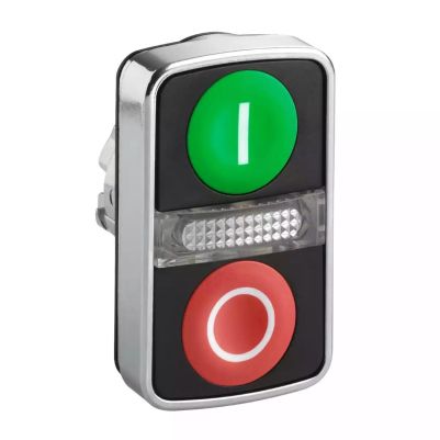 Harmony XB4, Illuminated double-headed push button head,metal, Ø22, 1 green flush marked I + 1 pilot light + 1 red flush marked O