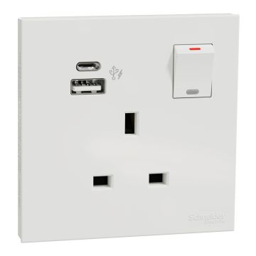 Switched socket with USB charger, Avataron, 21W type A+C, 13A, White