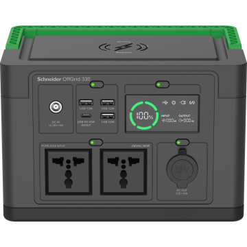 Schneider OffGrid Portable Power Station 330, 230V, 332Wh Lithium-ion, LCD, 2 IEC C13 outlets, Sinewave, 3 USB-A, 1 USB-C, Wireless Charger