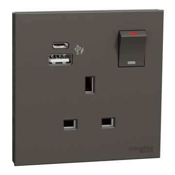 Switched socket with USB charger, Avataron, 21W type A+C, 13A, Dark grey