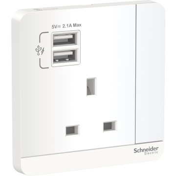 AvatarOn, 2 USB Charger + Switched Socket, 3P, 13A, Antibacterial, White