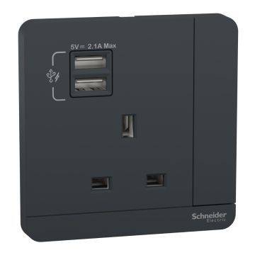 AvatarOn, Switched socket with 2.1A USB, 13A 1 Gang, Dark Grey