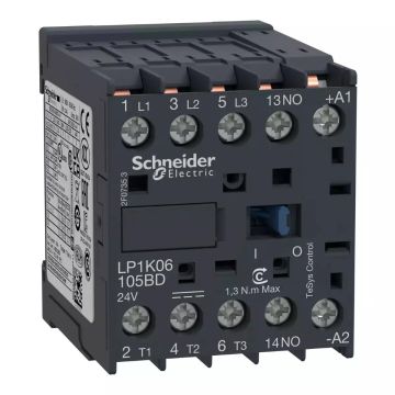Contactor, TeSys K, 3P, AC-3/AC-3e, 440V, 6A, 1NO aux, 24V DC coil,faston connectors
