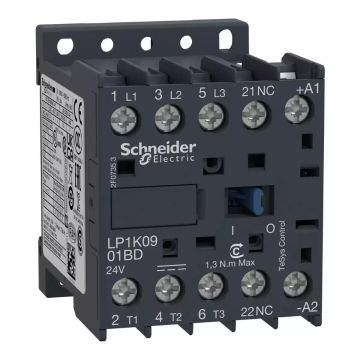 Contactor, TeSys K, 3P, AC-3/AC-3e, 440V, 9A, 1NC aux, 24V DC coil,screw clamps