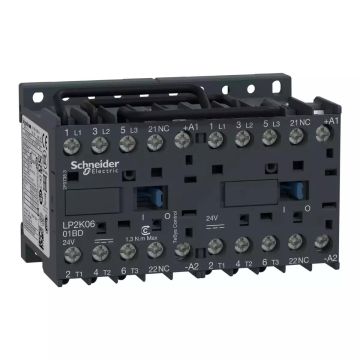 reversing Contactor, TeSys K, 3P, AC-3/AC-3e,440V 6A, 1NC, 24V DC coil, screw clamp terminals