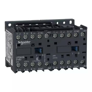 reversing Contactor, TeSys K, 3P, AC-3/AC-3e,440V 9A, 1NC, 24V DC coil, screw clamp terminals