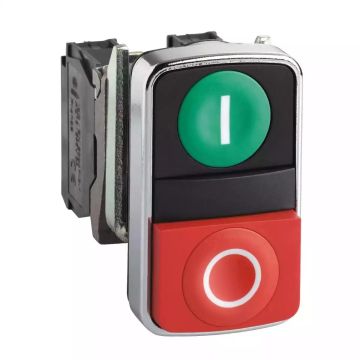 Double-headed push button, Harmony XB4, metal, 22mm, 1 green flush marked I + 1 red projecting marked O, 1NO+1NC