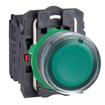 Harmony XB5, Illuminated push button, plastic, flush, green, Ø22, plain lens for BA9s bulb, spring return, <= 250 V, 1 NO + 1 NC