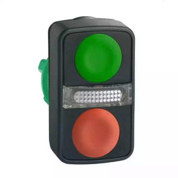 Harmony XB5, Illuminated double-headed push button head,plastic, Ø22, 1 green fLush + 1 pilot light + 1 red flush, unmarked