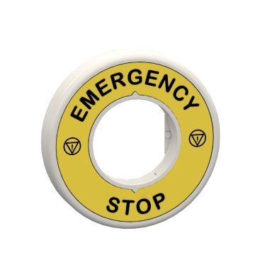 Illuminated marked legend ring, Harmony XB5, 60mm, plastic, yellow, white or red integral LED, marked EMERGENCY STOP, 24V AC DC