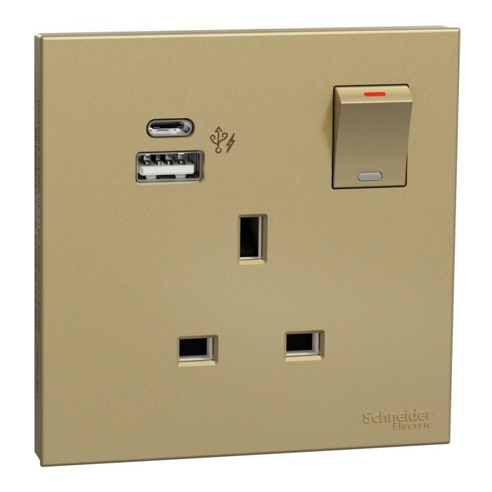 Switched socket with USB charger, Avataron, 21W type A+C, 13A, Wine gold main product photo