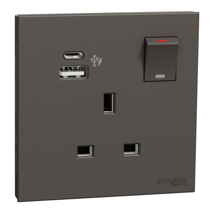Switched socket with USB charger, Avataron, 21W type A+C, 13A, Dark grey main product photo