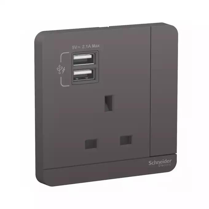 AvatarOn - 2 USB Charger + Switched Socket, 3P, 13A, Dark Grey