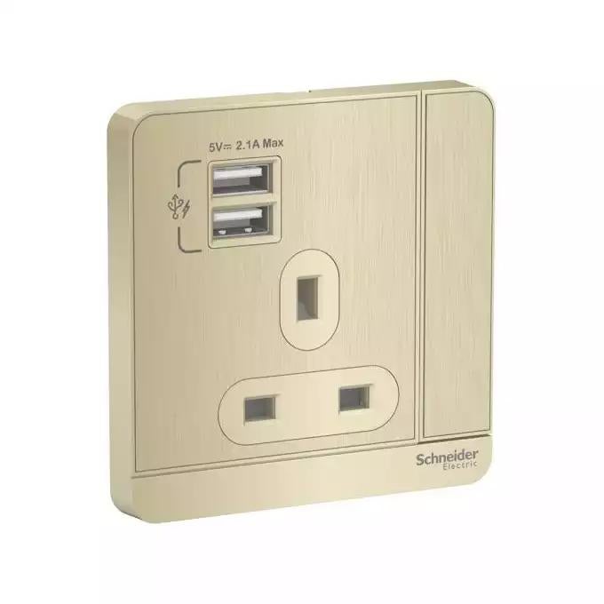 AvatarOn - 2 USB charger + Switched Socket, 3P, 13A, Metal Gold Hairline