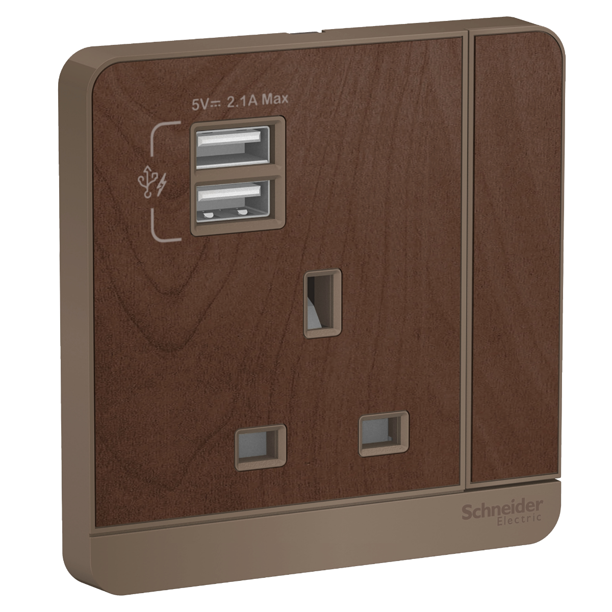 AvatarOn, 2 USB charger + switched socket, 3P, 13A, Wood