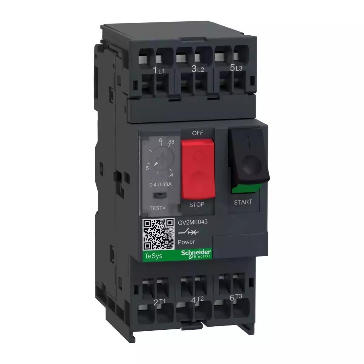 Motor circuit breaker,TeSys Deca frame 2,3P,0.4-0.63A,thermal magnetic,push button,spring terminals