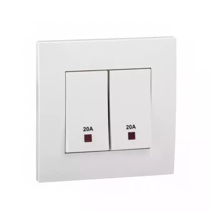 Vivace 20A 250V 2gang Double Pole Switch with Neon and Earth,White