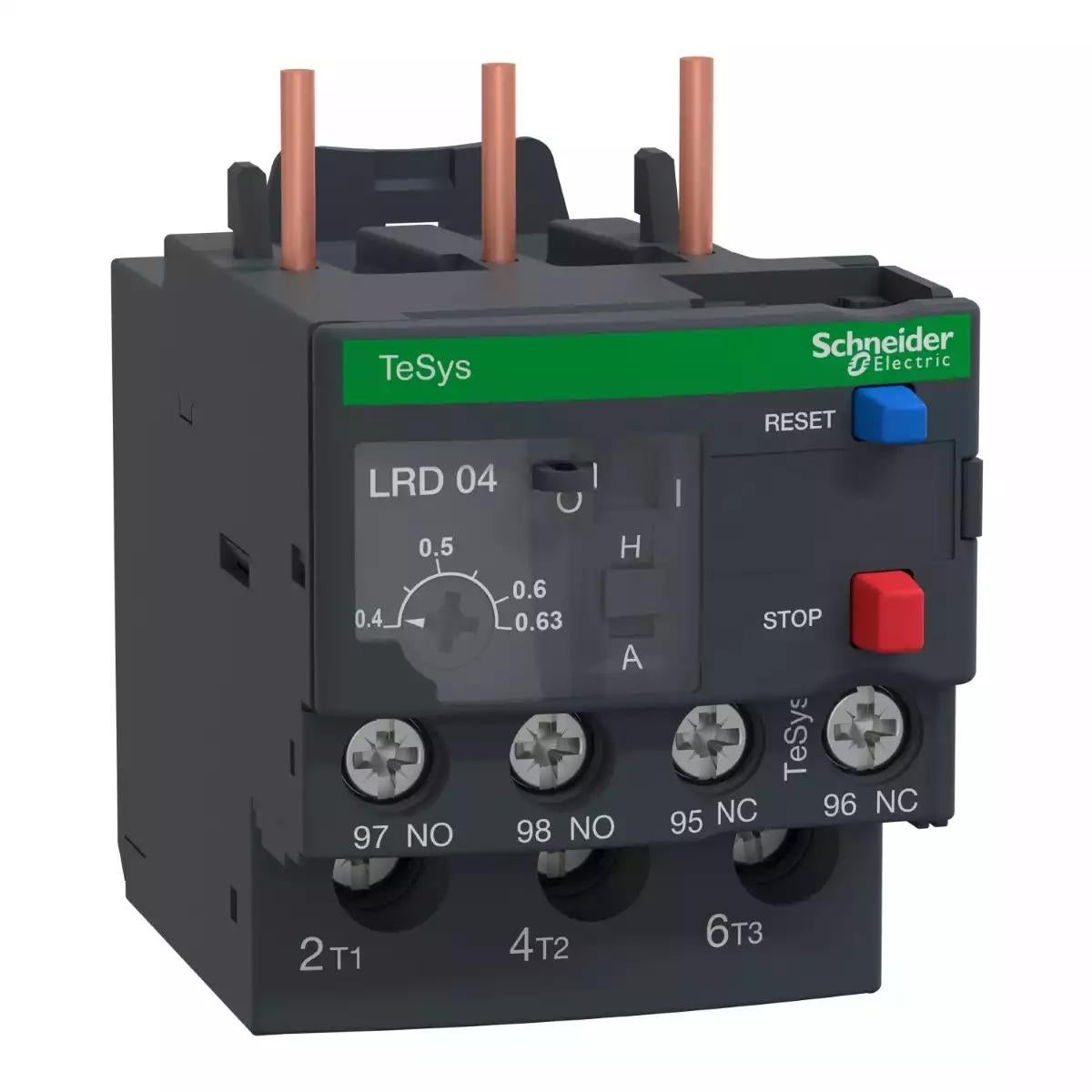 Thermal overload relay,TeSys Deca,0.4-0.63A,1NO+1NC,class 20,lugs ring terminal