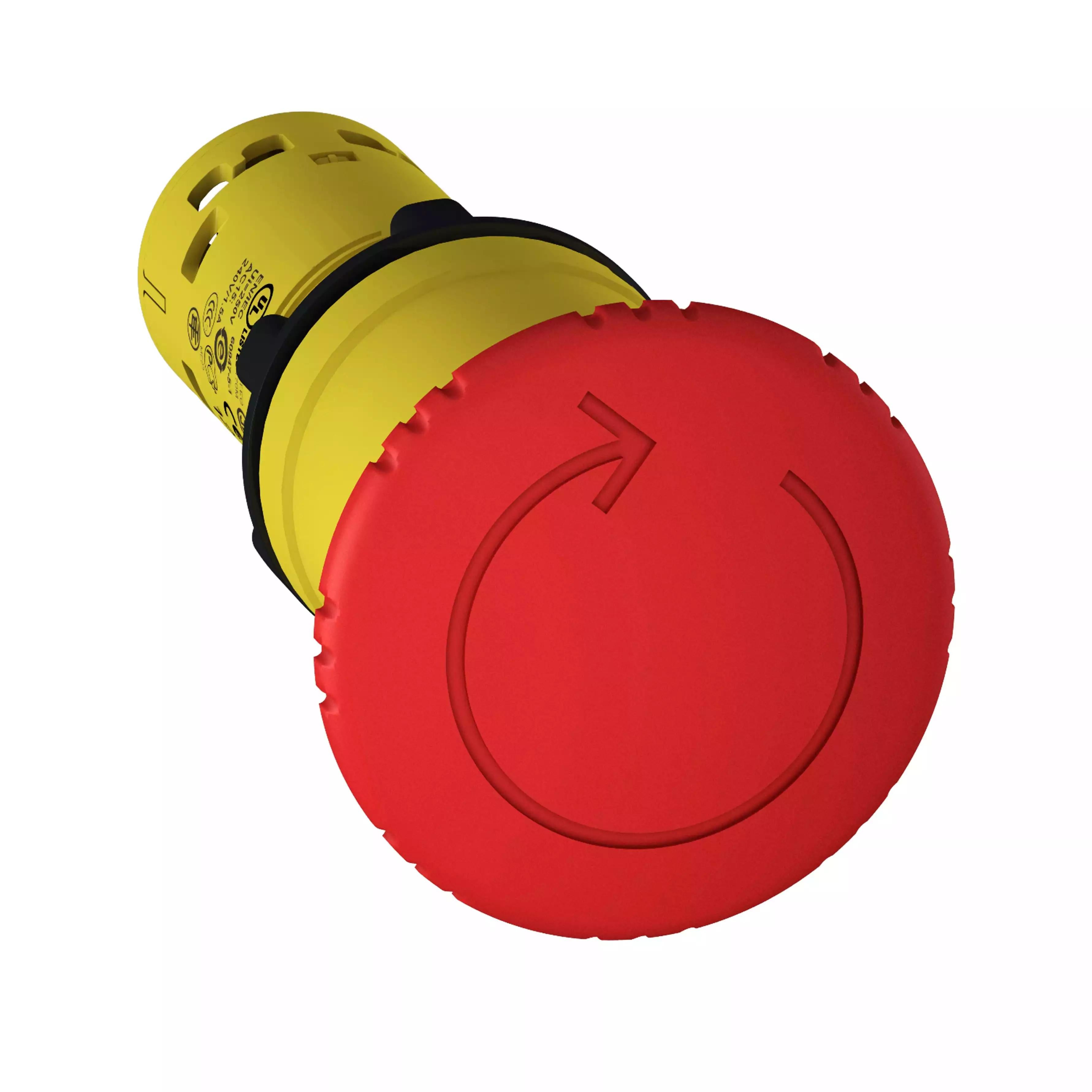 Monolithic emergency stop, Harmony XB7, plastic, red mushroom 40mm, 22mm, latching turn to release, 1NO+1NC