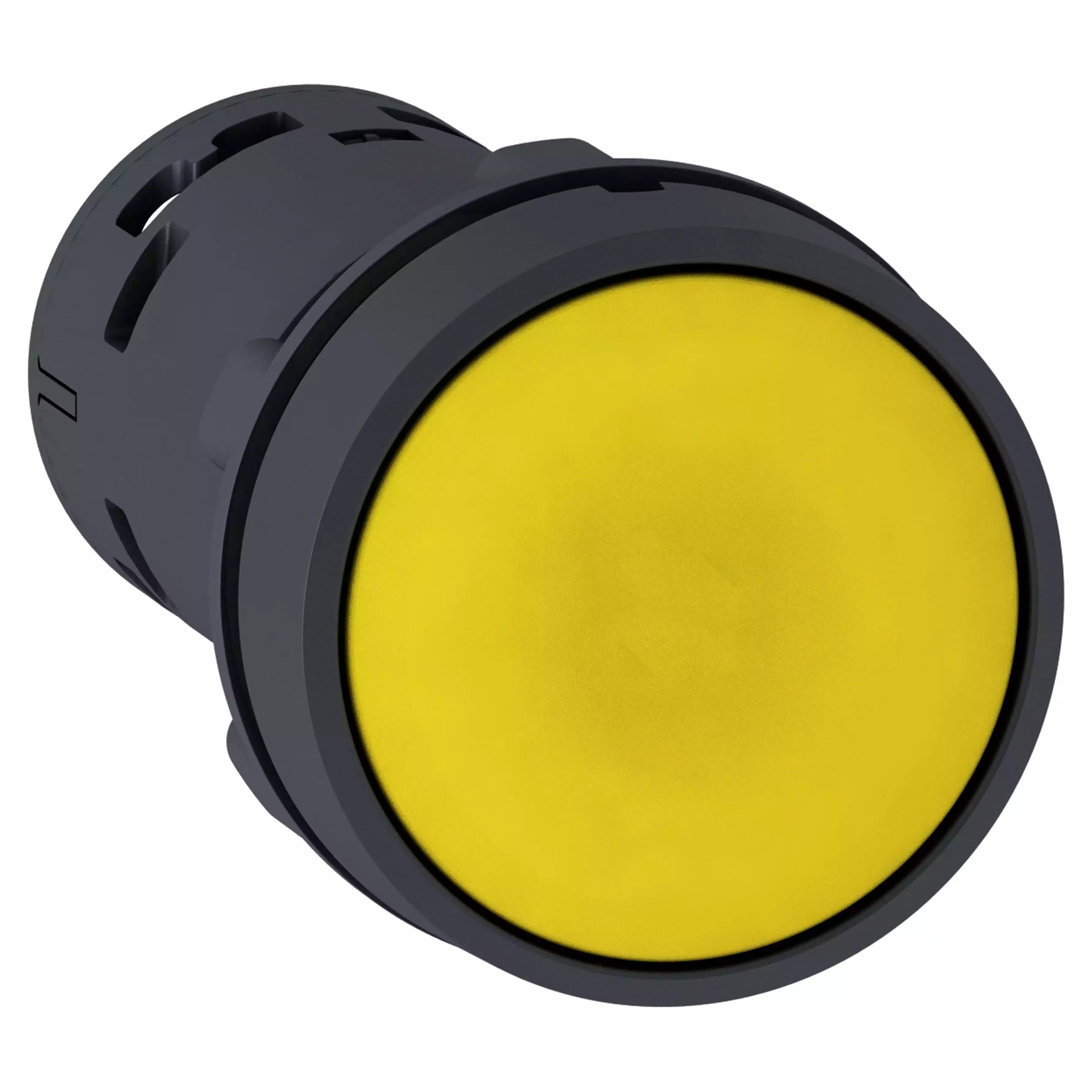 Push button, Harmony XB7, round yellow flush, 22mm, spring return, 1NO, unmarked
