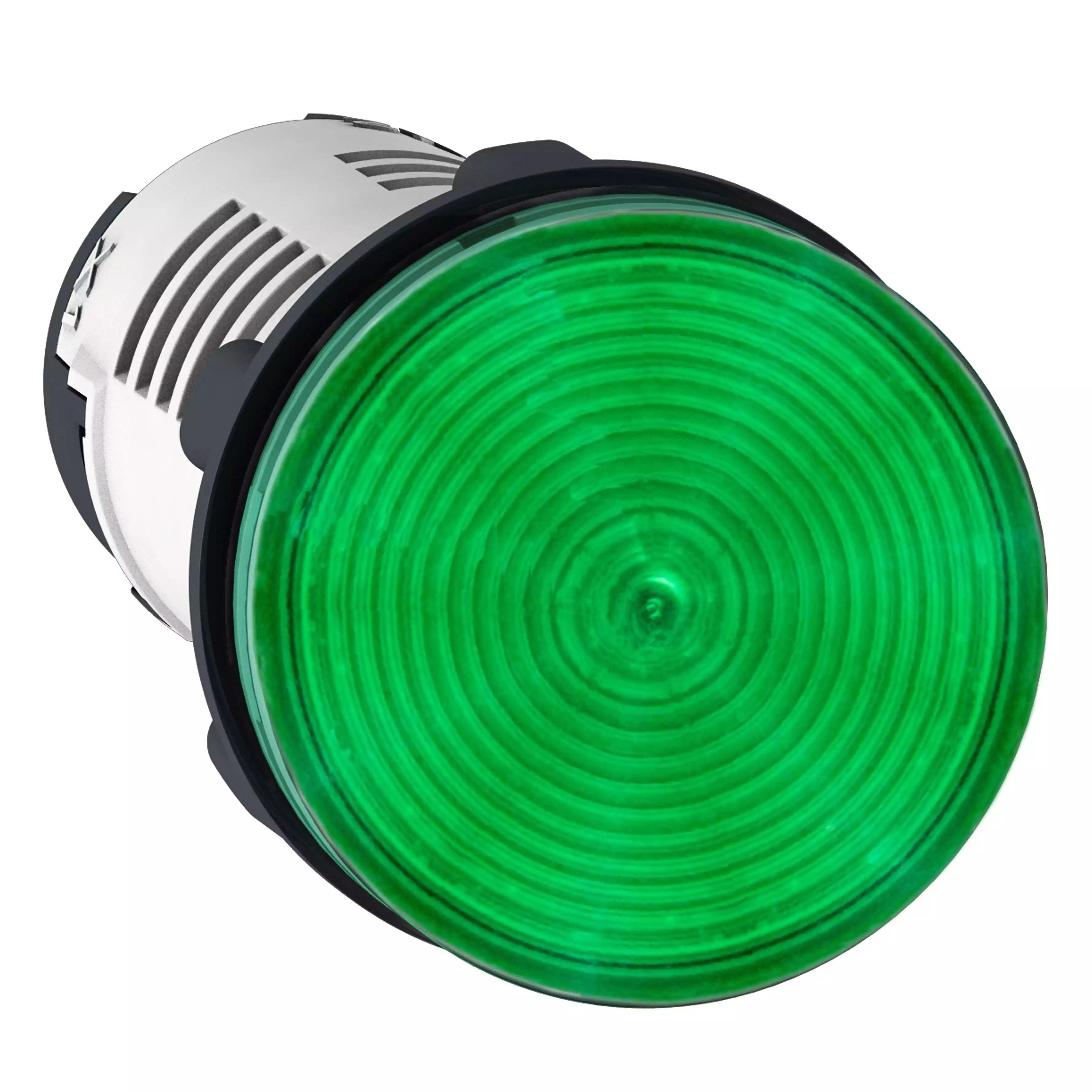 Monolithic pilot light, Harmony XB7, plastic, green, 22mm, integral LED, 24V AC DC