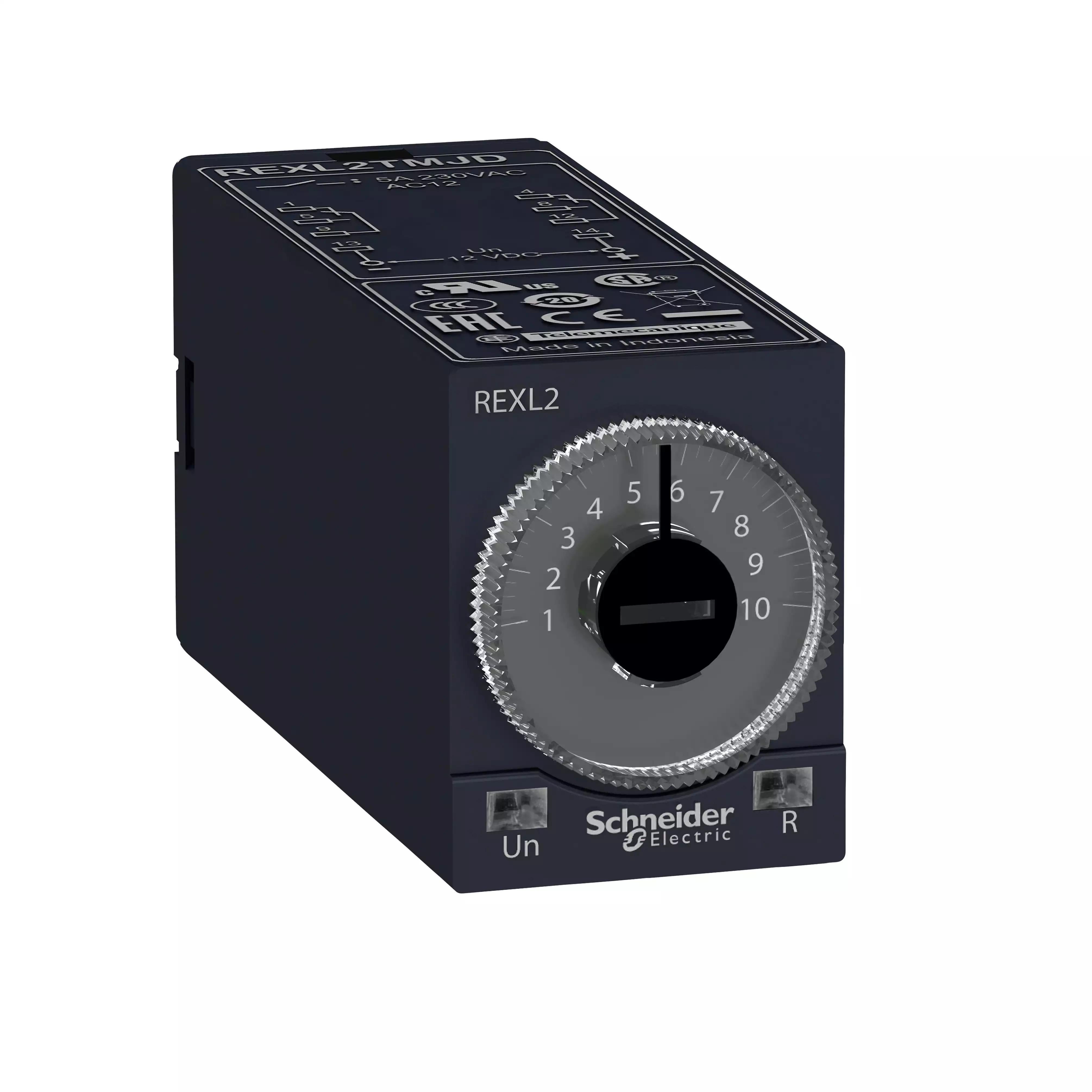 Miniature plug in timing relay, Harmony, 5A, 2CO, 0.1s..100h, on Delay, 230V AC