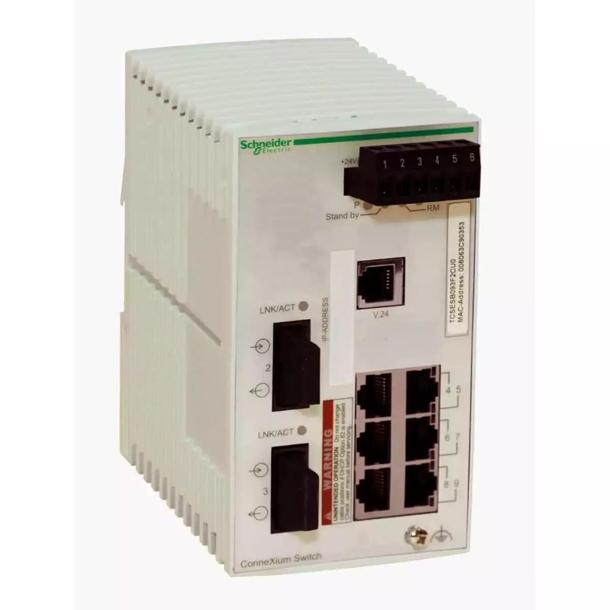network switch, Modicon Networking, basic managed, 6 ports for copper, 2 ports for fiber optic, multimode