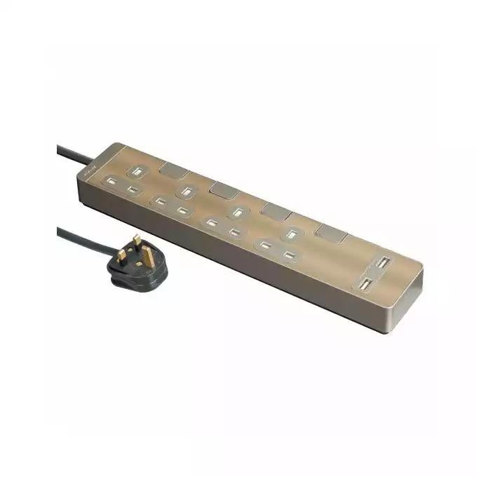 AvatarOn, Trailing Socket, with Individual Switch & USB, 4 Gang, 3M, Metal Golden Hairline