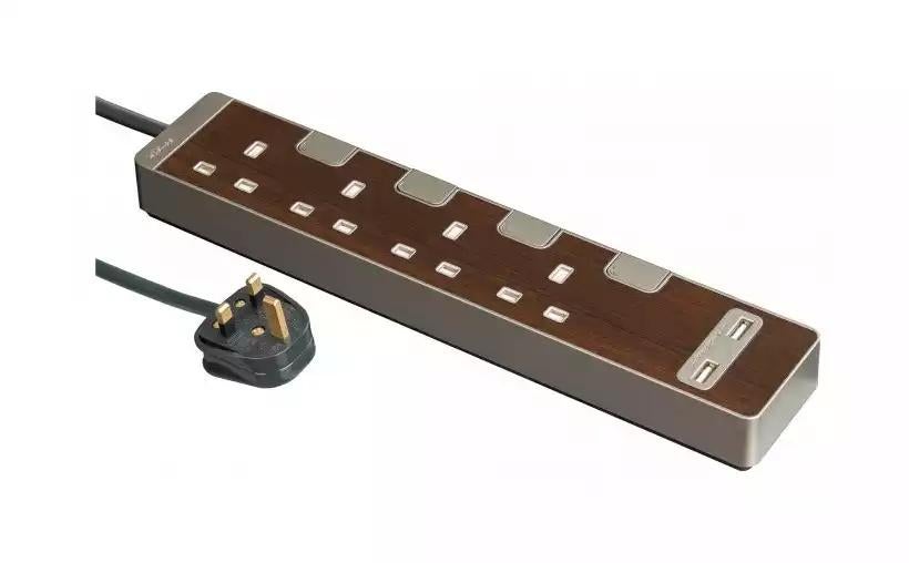 AvatarOn, Trailing Socket, with Individual Switch & USB, 4 Gang, 3M, Wood
