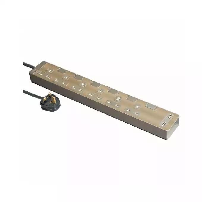 AvatarOn, Trailing socket, with individual switch & USB, 6 gang, 3M, metal golden hairline