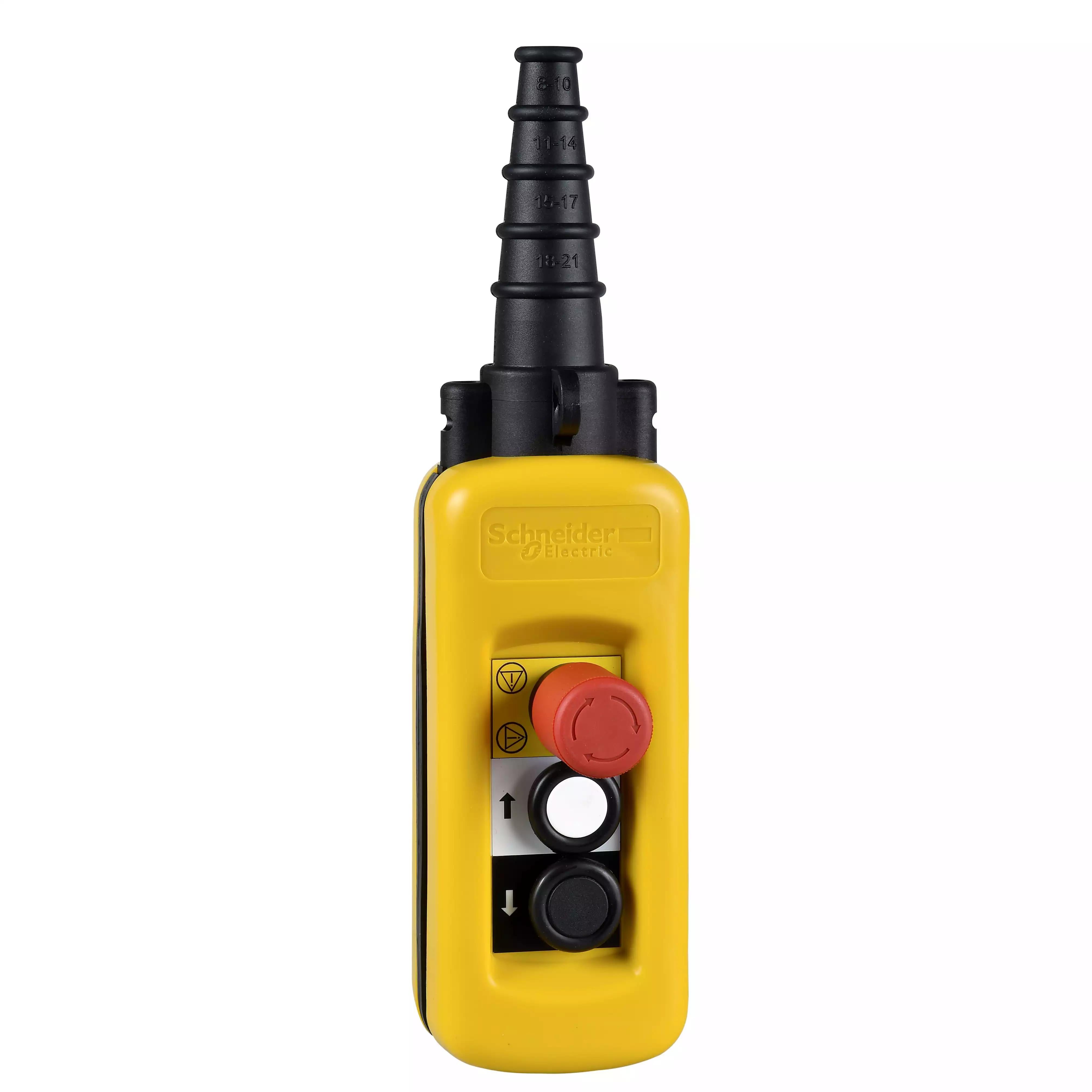 Harmony XAC, Pendant Control Station, Plastic, Yellow, 2 Push Buttons with 1NO, 1 Emergency Stop NC
