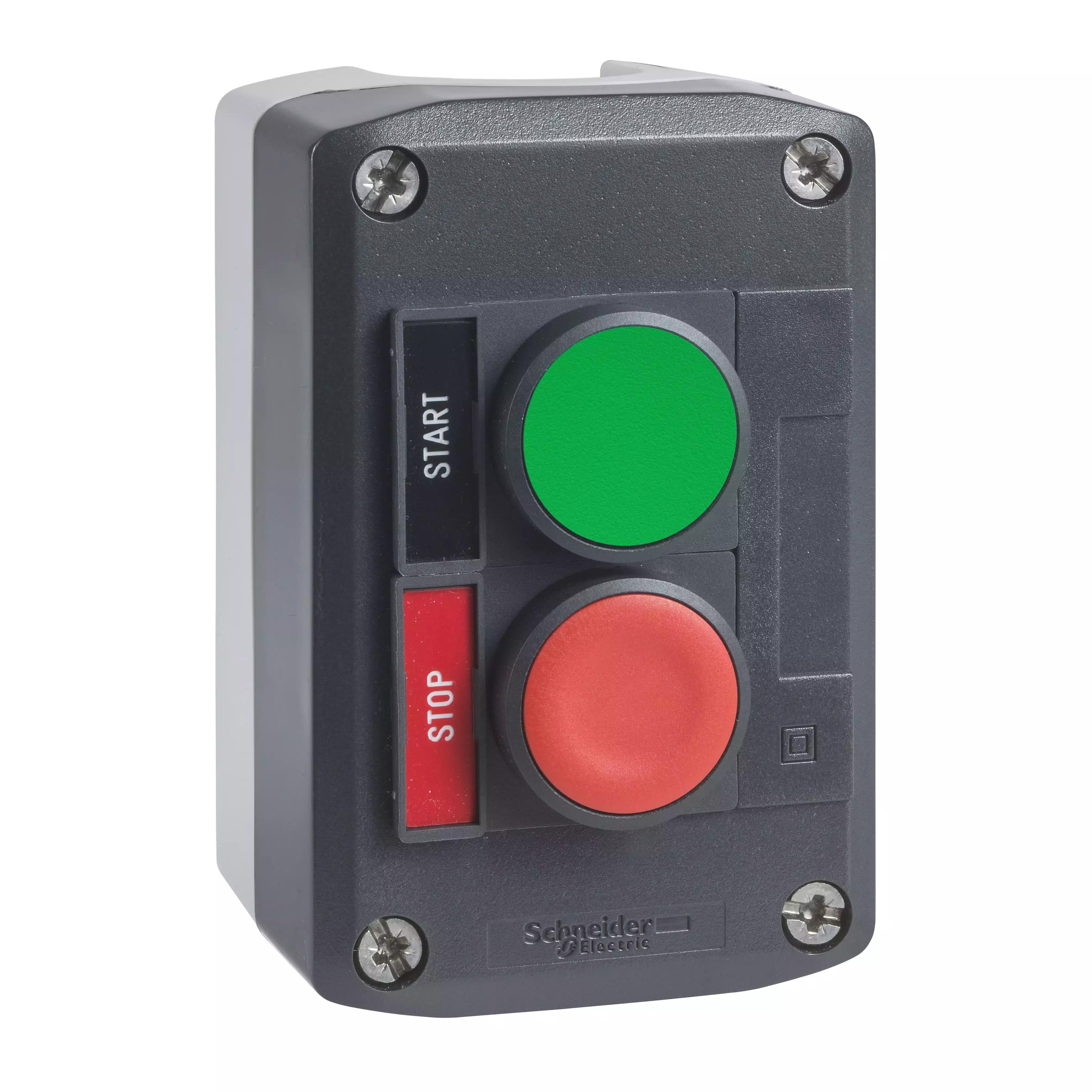 Harmony, Control station, plastic, dark grey, 1 green flush/1 red projecting push buttons, Ø22, spring return, legend holder marked STOP/START