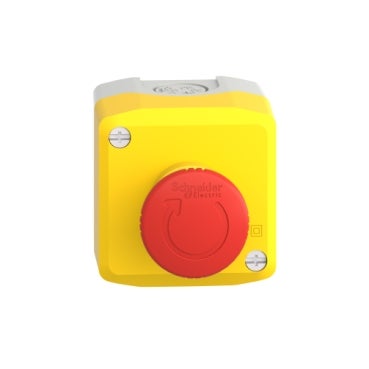 Harmony XALD, XALK, Control station, plastic, yellow, 1 red mushroom head push button Ø40, emergency stop turn to release, 1NO + 1 NC, unmarked