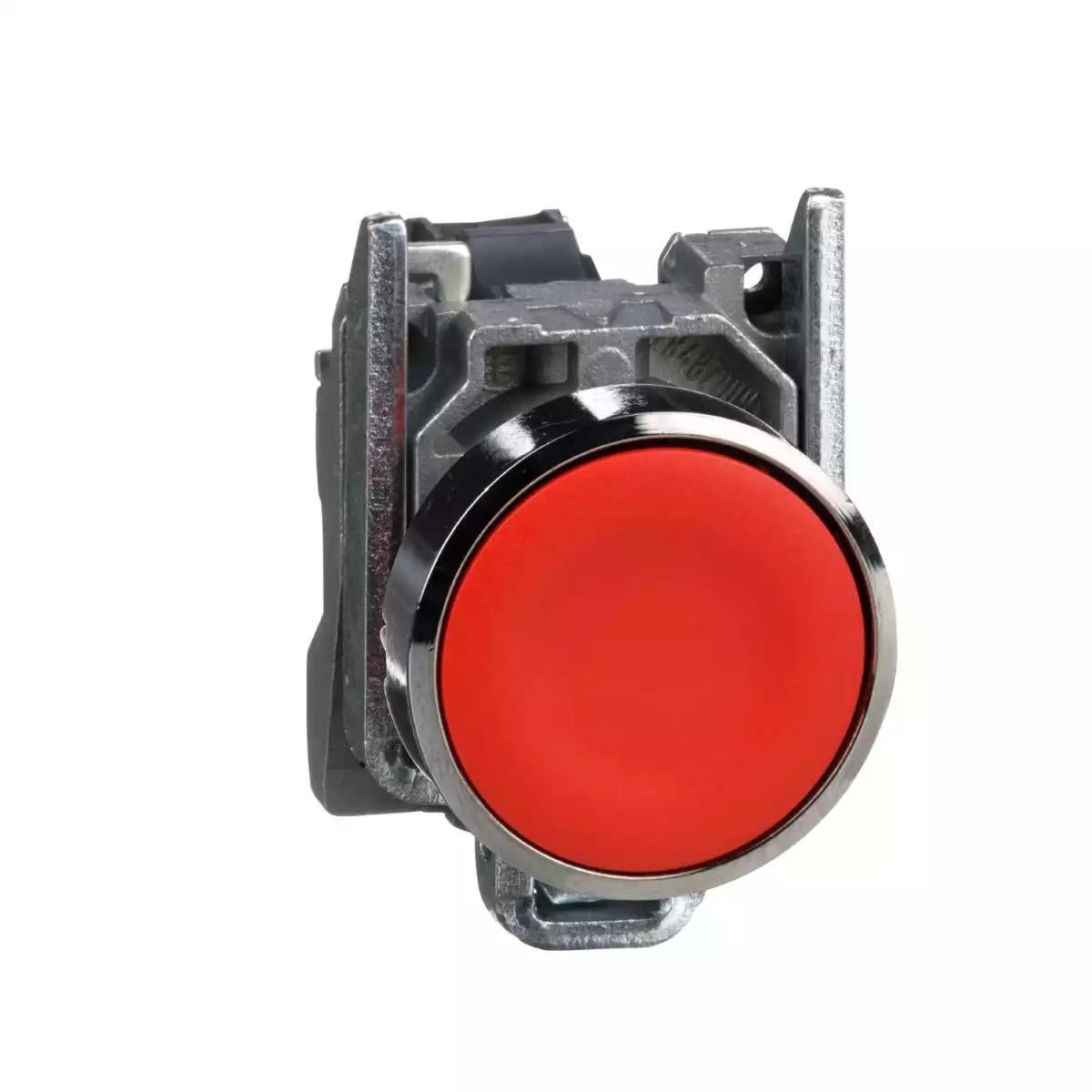 Push button, Harmony XB4, metal, flush, red, 22mm, spring return, unmarked, 1NC