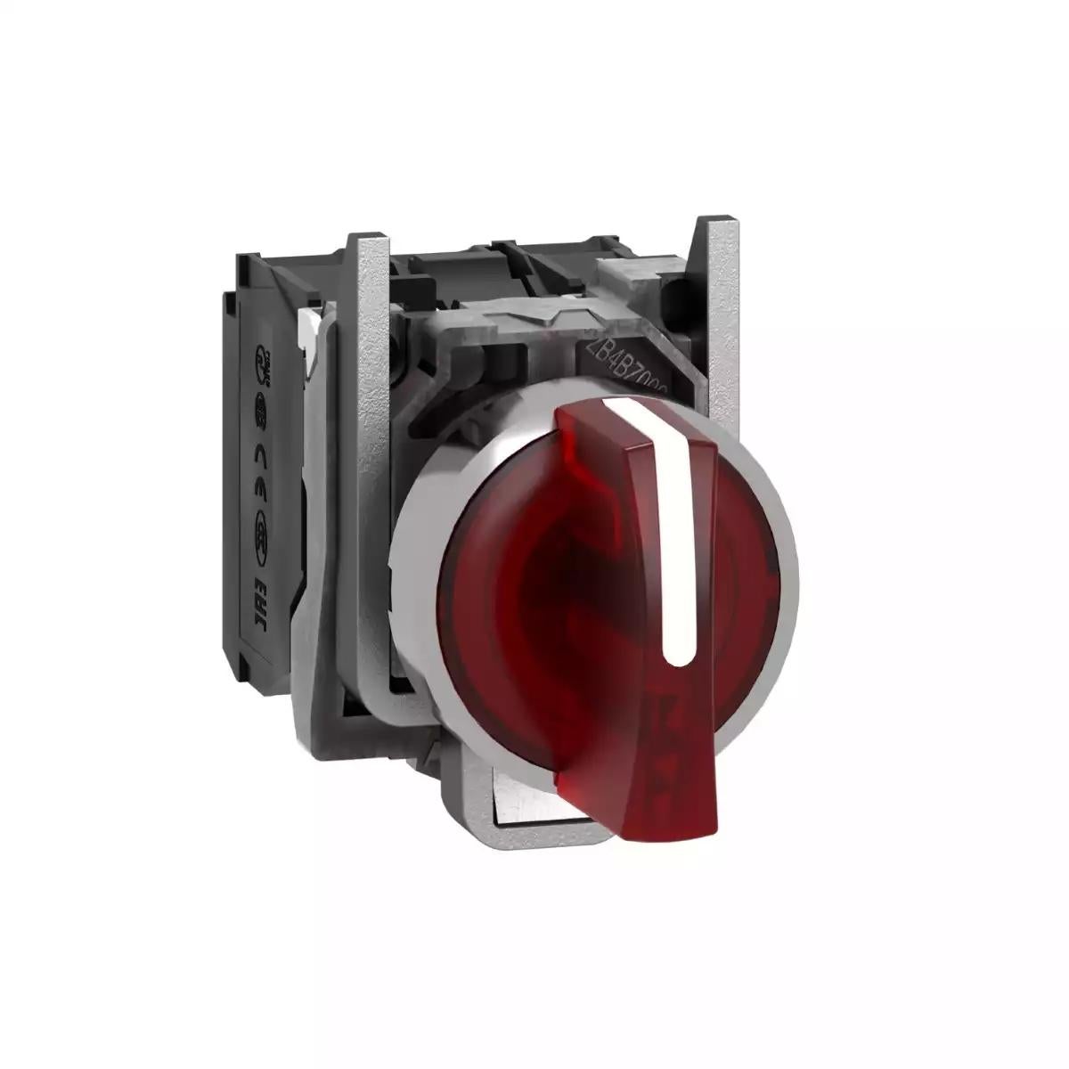 Illuminated selector switch, Harmony XB4, metal, red handle, 22mm, universal LED, 3 positions, 1NO + 1NC, 24V AC DC