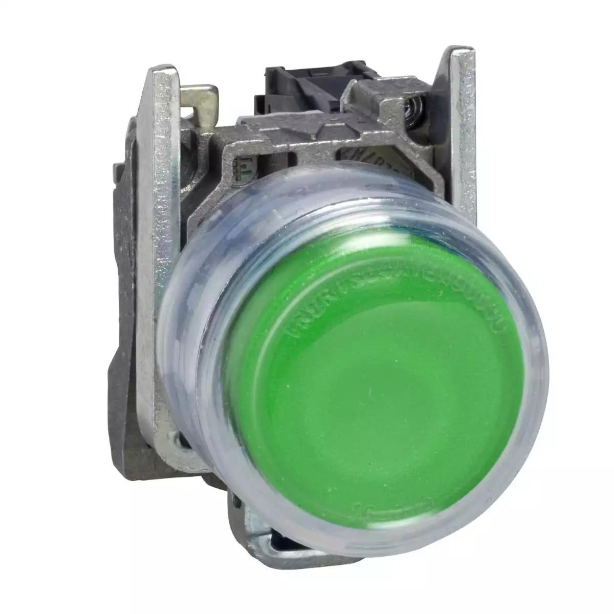 Push button, Harmony XB4, metal, projecting, green, 22mm, spring return, booted, unmarked, 1NO