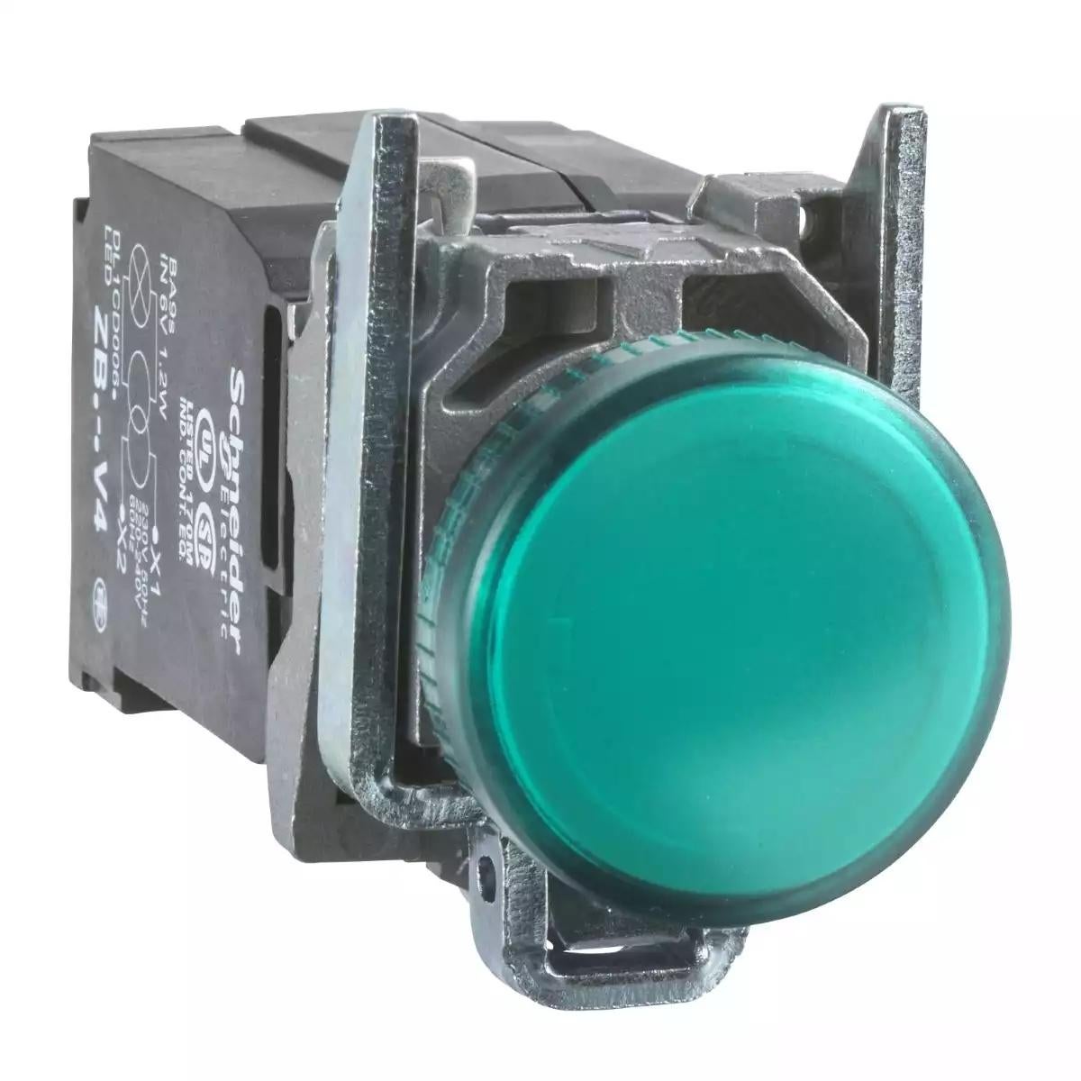 Pilot light, Harmony XB4, metal, green, 22mm, plain lens with BA9s bulb, 230…240V AC