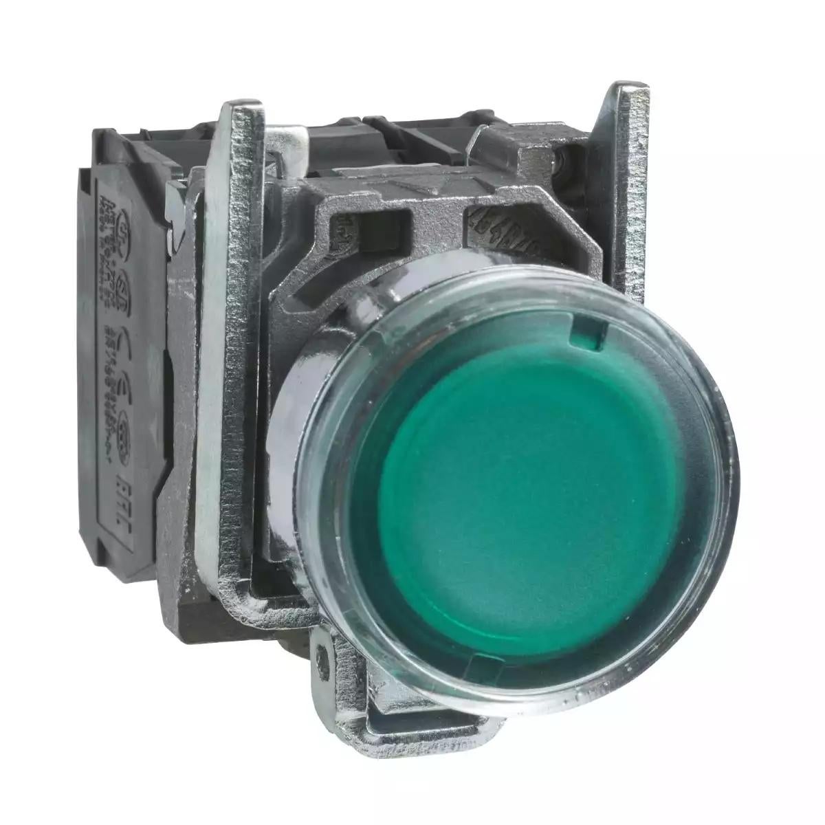 Illuminated push button, Harmony XB4, metal, flush, green, 22mm, spring return, lt 250V, 1NO+1NC