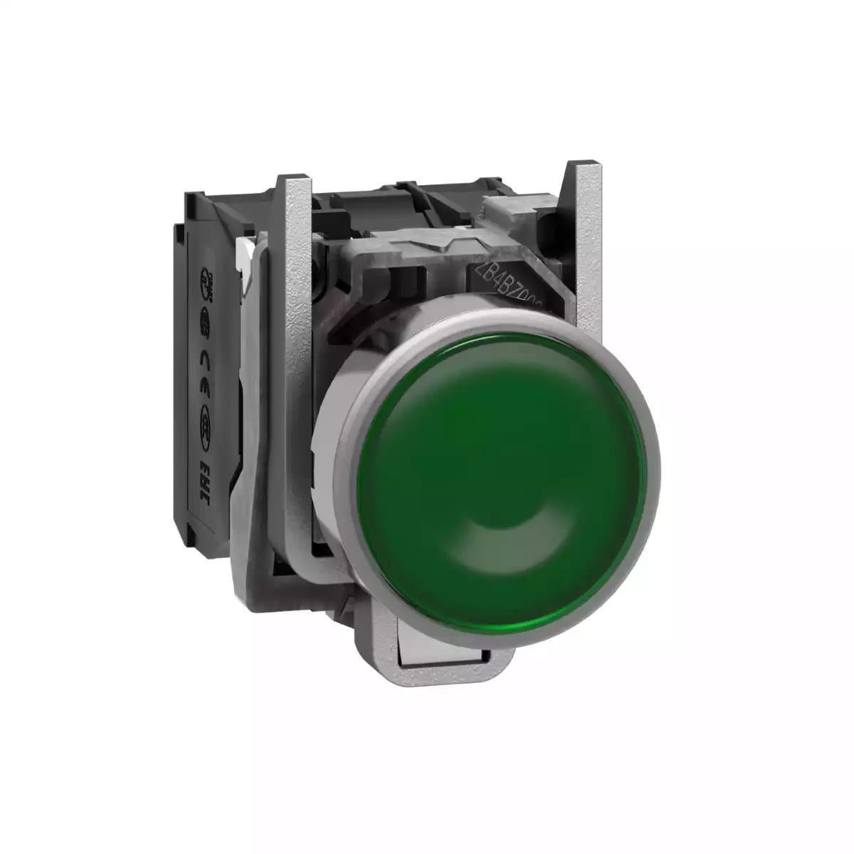 Illuminated push button, Harmony XB4, metal, green flush, 22mm, universal LED, plain lens, 1NO + 1NC, 230...240V AC