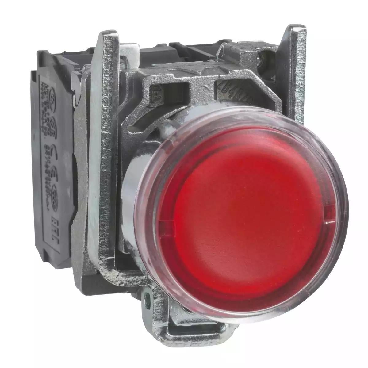 Illuminated push button, Harmony XB4, metal, flush, red, 22mm, spring return, lt 250V, 1NO+1NC