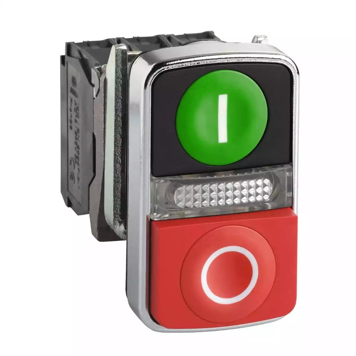Harmony XB4, Illuminated double-headed push button, metal, Ø22, 1 green flush I + 1 pilot light + 1 red projecting O, 240 V AC, 1 NO + 1 NC