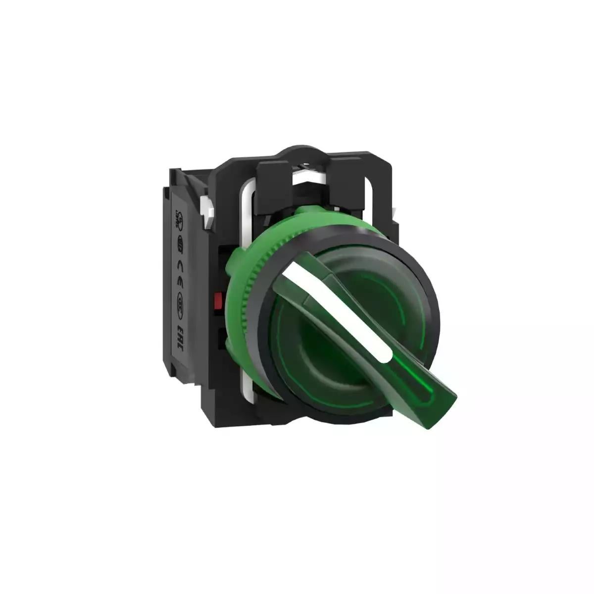 Illuminated selector switch, Harmony XB5, grey plastic, green handle, 22mm, universal LED, 2 positions, 1NO + 1NC, 230...240V AC