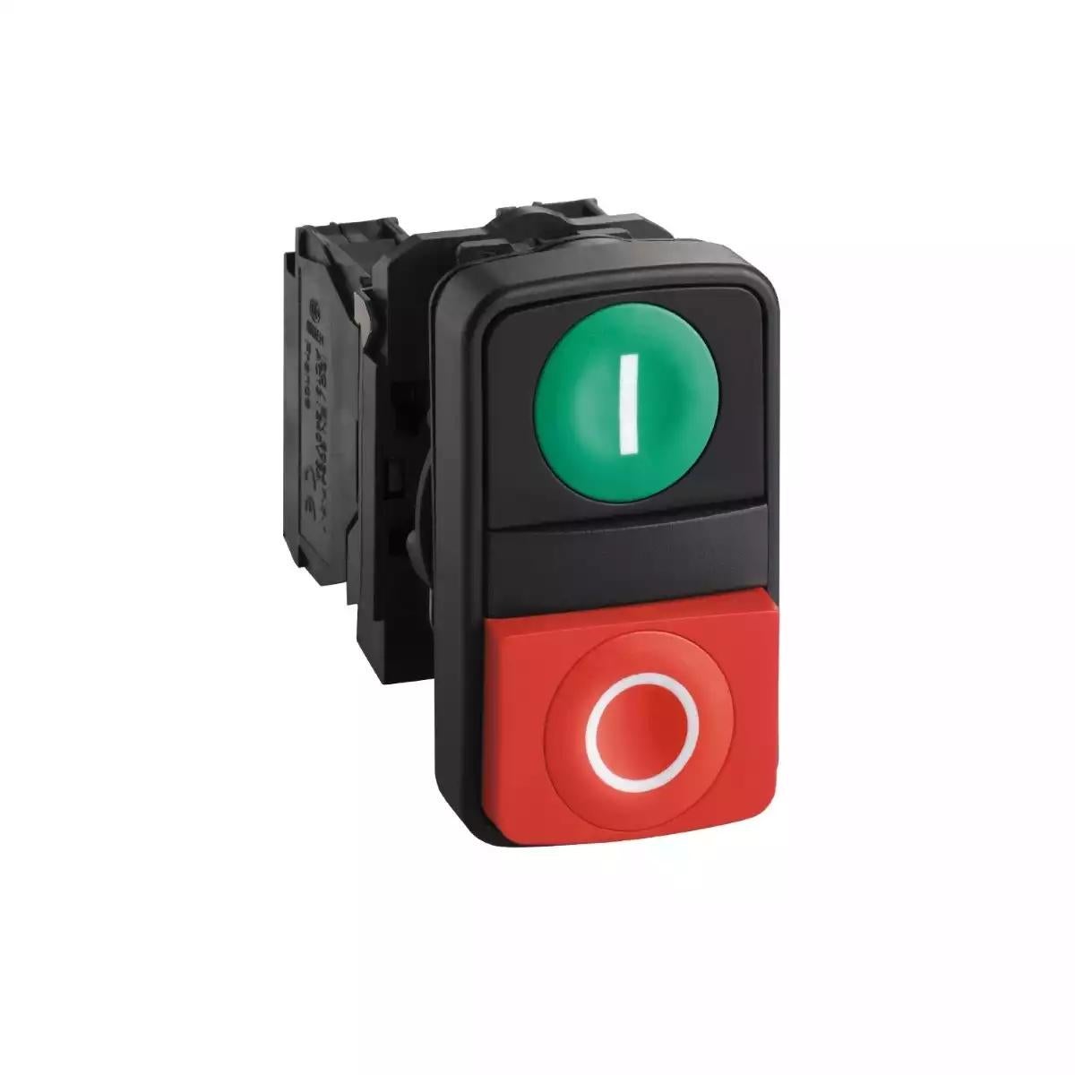 Double-headed push button, Harmony XB5, plastic, 22mm, 1 green flush marked I + 1 red projecting marked O, 1NO+1NC