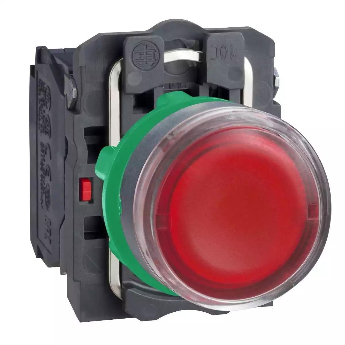 Harmony XB5, Illuminated push button, plastic, flush, red, Ø22, plain lens for BA9s bulb, spring return, <= 250 V, 1 NO + 1 NC