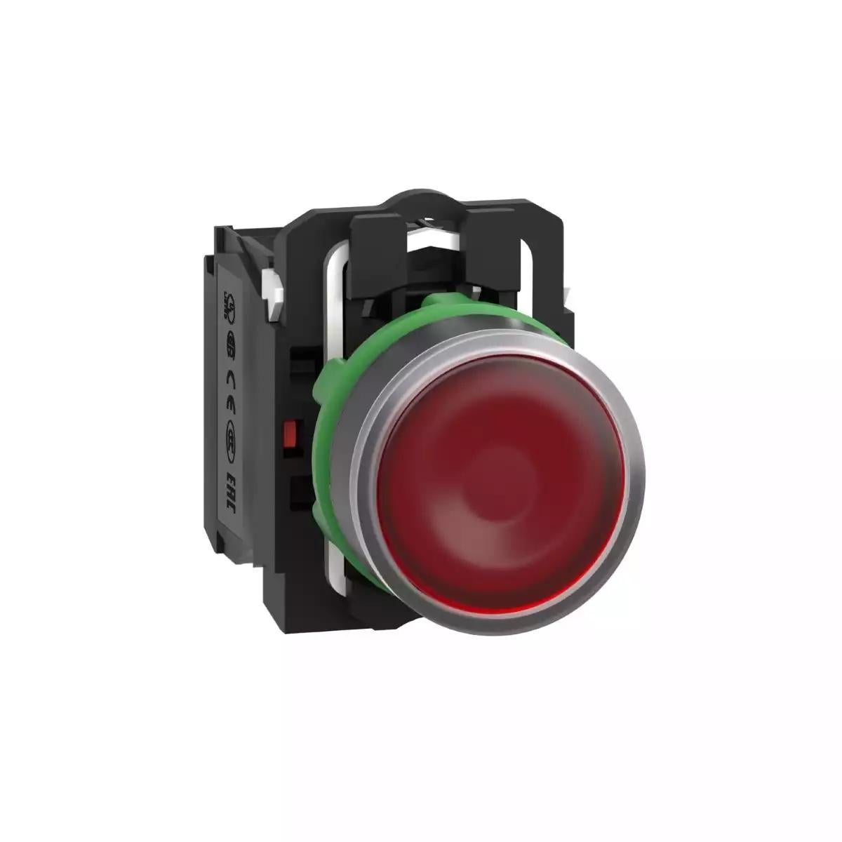 Illuminated push button, Harmony XB5, plastic, red flush, 22mm, universal LED, plain lens, 1NO + 1NC, 24V AC DC